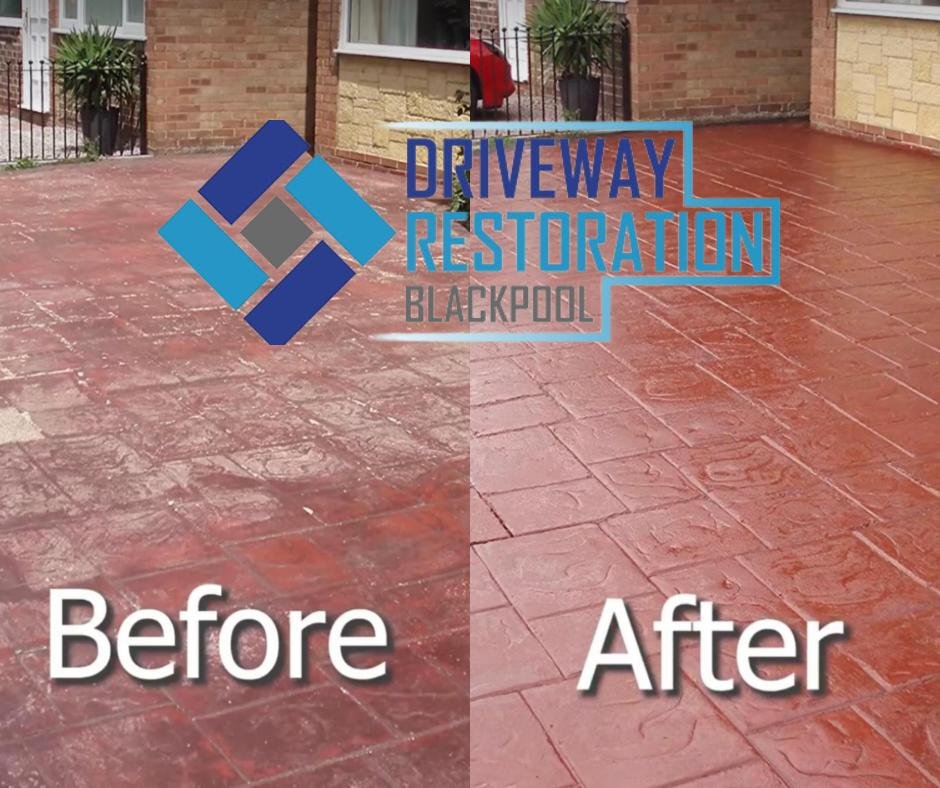 Before and after imprinted concrete driveway